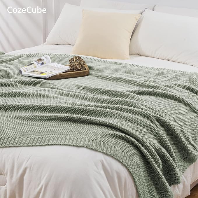 CozeCube Sage Green Seed Stitch Throw Blanket 50"x60", Farmhouse Decor | Blanket for Couch, Soft Cozy Cable Knit Throw for Bed Sofa Living Room, Lightweight Warm Decorative Christmas Blanket