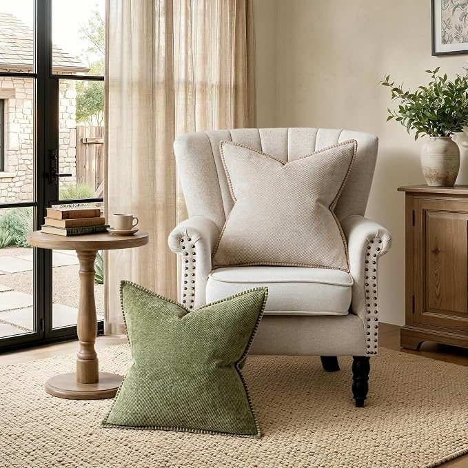 a moment Pack of 2 Decorative Chenille Throw Pillow Covers with Twill Cushion Covers for Sofa Living Room Couch Bed 20x12 Inch,Crafted Border Beige