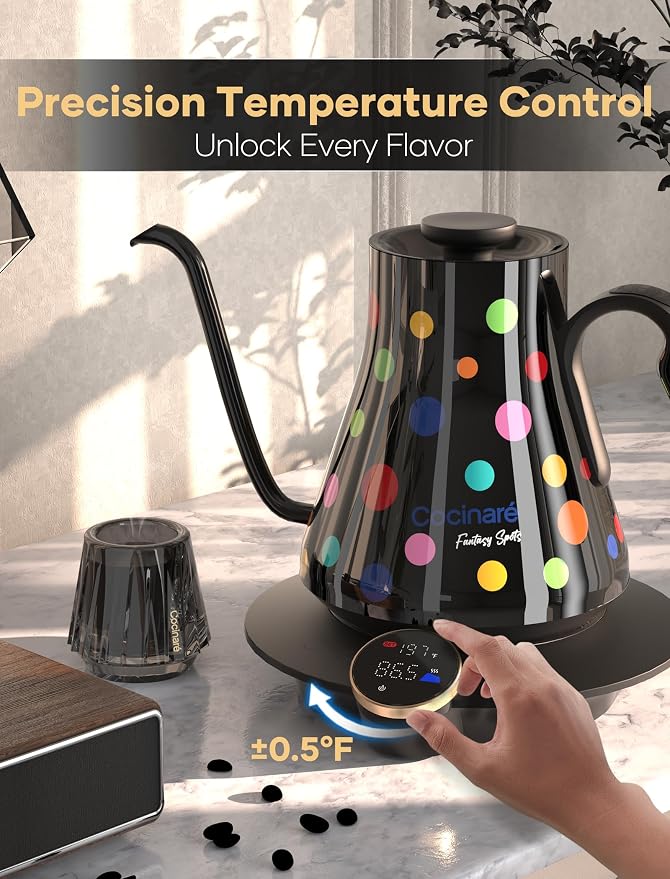 Cocinare Artisan Collection Gooseneck Electric Kettle, ±0.5℉ Precise Temperature Control for Pour-Over Coffee & Tea, Quick Heating 1500W, Stainless Steel Interior, 0.9L (Confetti)