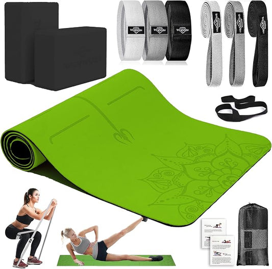 DICYWUDI Yoga Mat Thick, 6 Fabric Resistance Bands, 2 Pack Yoga Blocks, Home Workout Equipment Essentials Starter Kit for Beginners Full Body Toning