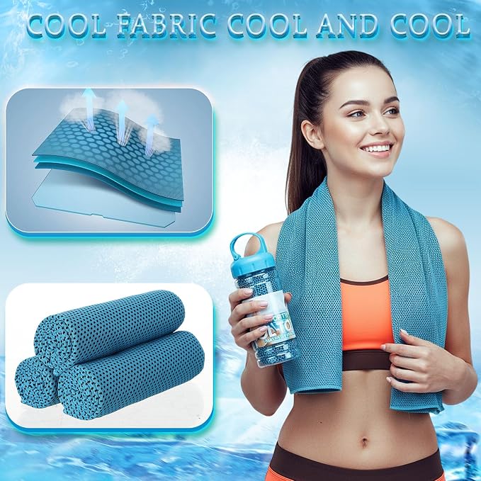 Honoson 20 Pcs Cooling Towels for Neck and Face, 47"x12" Sports Breathable Ice Towels Microfiber Chilly Sweat Rags with Portable Bottle for Gym Golf Athletes Yoga Workout Hot Weather (Light Blue)