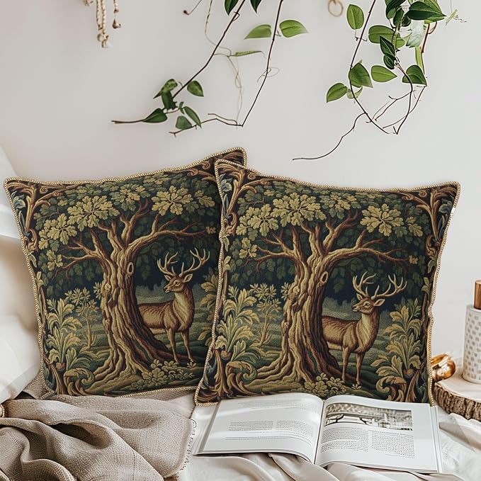 Vintage Green Deer Tree Velvet Pillow Covers 16x16 Inch Retro Reindeer Forest Throw Pillows for Couch Cushion Covers Pillowcase Boho Animal Farmhouse Pillow Cases for Sofa Bed Bedroom