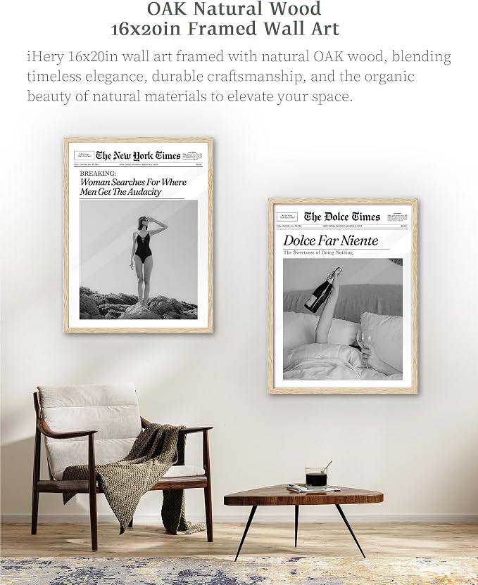 iHery 16x20in Where Men Get the Audacity Framed Newspaper Wall Art | Natural OAK Wood Frame with Canvas Print, Funny Magazine Decor for Bathroom, Bedroom, Girl Dorm and Living Room, 1Pack