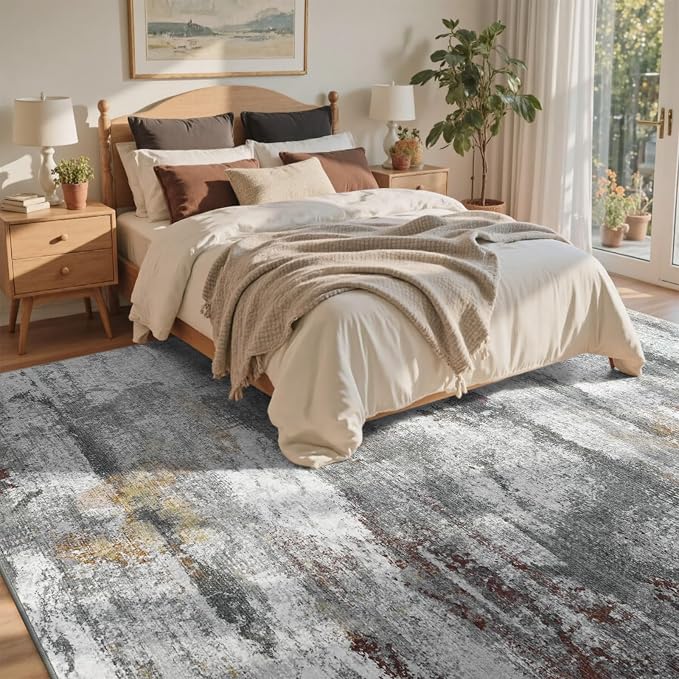 8x10 Ft Large Abstract Area Rugs for Living Room, Soft Non-Slip Modern Washable Rugs Print Pattern Carpet for Bedroom Indoor Floor Nursery Home Decor (Grey/Gold-Brown/Red-Brown)