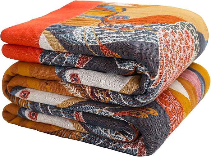 VANJOROY Boho Large Throw Blanket, 100% Organic Muslin Cotton Breathable Soft Bed Throw - Floral Bird Farmhouse Decor Blanket for Sofa Couch Chair Quilt and Gift. 80" x 90"- Colorful