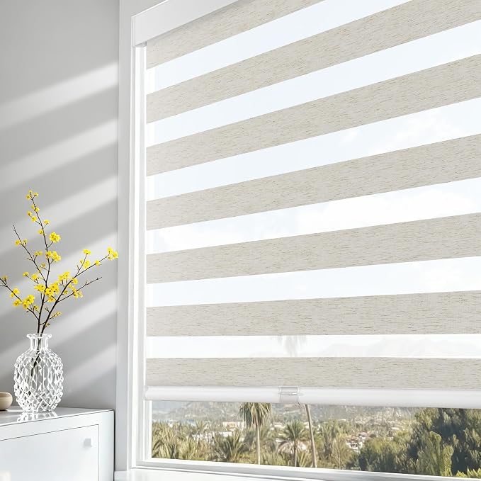 AOSKY Cordless Zebra Blinds for Windows Pull Down Roller Window Shades Dual Layer Light Filtering Privacy for Day and Night, Free-Stop Door Shades for Home Easy to Install Linen Cream 39" W X 72" H