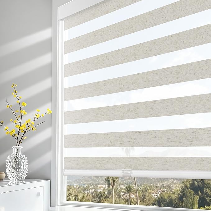 AOSKY Cordless Zebra Blinds for Windows Pull Down Roller Window Shades Dual Layer Light Filtering Privacy for Day and Night, Free-Stop Door Shades for Home Easy to Install Linen Cream 49" W X 72" H