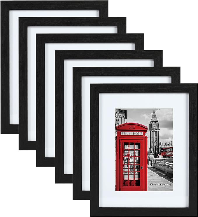 11x14 Picture Frame Set of 6, Wall or Tabletop, Black Woodgrain | Display 8x10 with Mat or 11x14 Without Mat, Horizontal or Vertical, Gallery Wall Frame Set for Wedding & Room & Home Decor