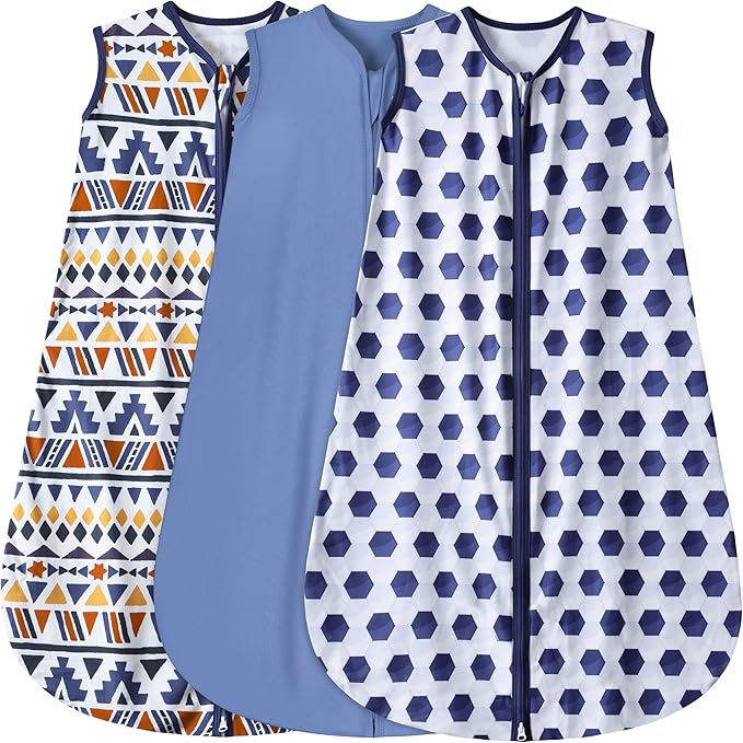 BSTOPPT 3 Pack Baby Sleep Sack 100% Rayon Cotton Baby Sleeping Bag 2-Way Zipper Toddler Wearable Blankets TOG 0.3. (Soccer&Triangles&Blue, 12-18 Months)