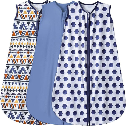 BSTOPPT 3 Pack Baby Sleep Sack 100% Rayon Cotton Baby Sleeping Bag 2-Way Zipper Toddler Wearable Blankets TOG 0.3. (Soccer&Triangles&Blue, 0-6 Months)