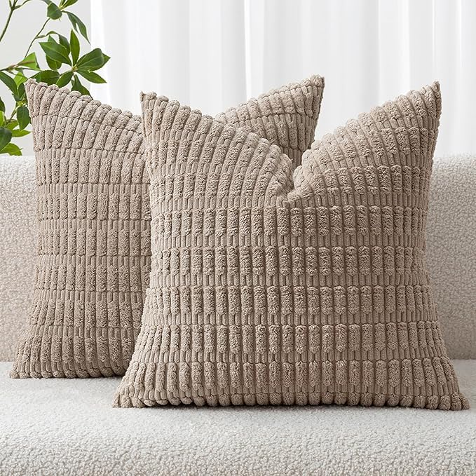 MIULEE Euro Sham Corduroy Decorative Throw Pillow Covers 24x24 Light Brown | Pack of 2 Soft Boho Striped Pillow Covers Modern Farmhouse Fall Home Decor For Sofa Living Room Couch Bed
