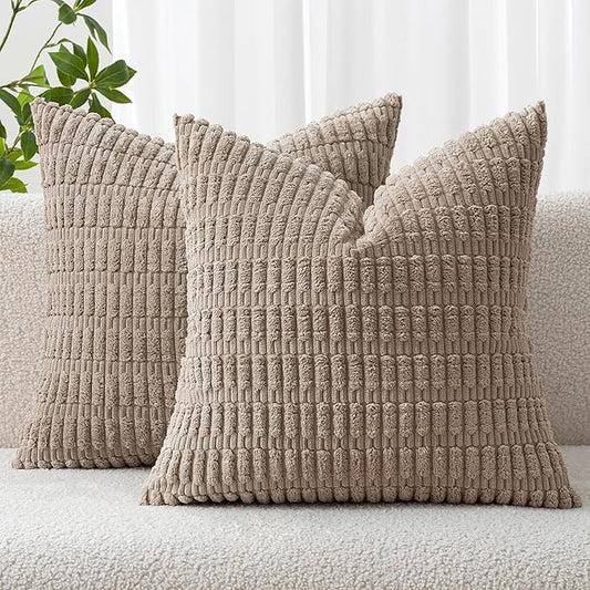 MIULEE Corduroy Decorative Throw Pillow Covers 20x20 Light Brown Pack of 2 | Soft Boho Striped Pillow Covers Modern Farmhouse Fall Home Decor For Sofa Living Room Couch Bed