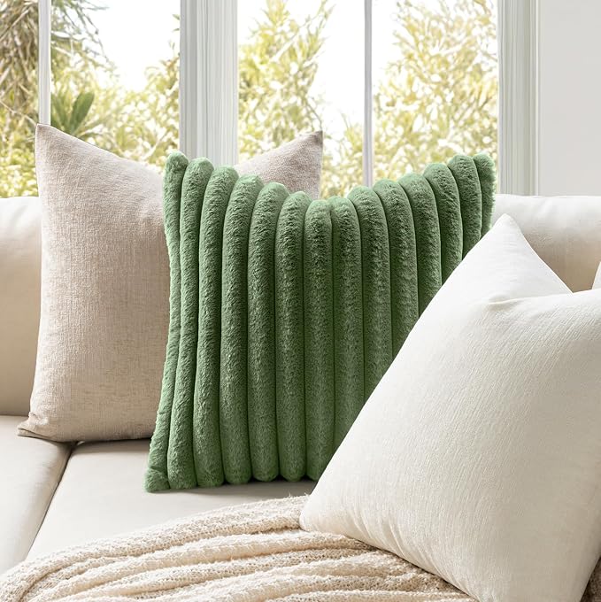 MIULEE Faux Fur Decorative Throw Pillow Covers 18x18 Set of 2 Moss Green | Modern Soft Plush Couch Pillows, Cozy Fluffy Cushion Covers for Sofa Bed Living Room Home Decor