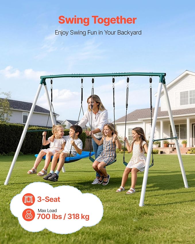 VEVOR Swing Set for Backyard, 45 x 30 in Swing Seat and Two Belt Seats, with Heavy Duty A-Frame Metal Stand, 700 lbs Load Capacity, Reinforced with Spiral Ground Anchors, Swingset Outdoor for Kids