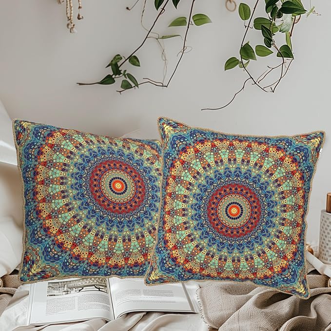 KSLIDS Boho Mandala Floral Soft Velvet Throw Pillow Covers Set of 2 Navy Blue Orange Flower Decorative Pillow Covers 18x18 Inch Abstract Retro Pillow Case for Sofa Couch Outdoor Modern Home Decor