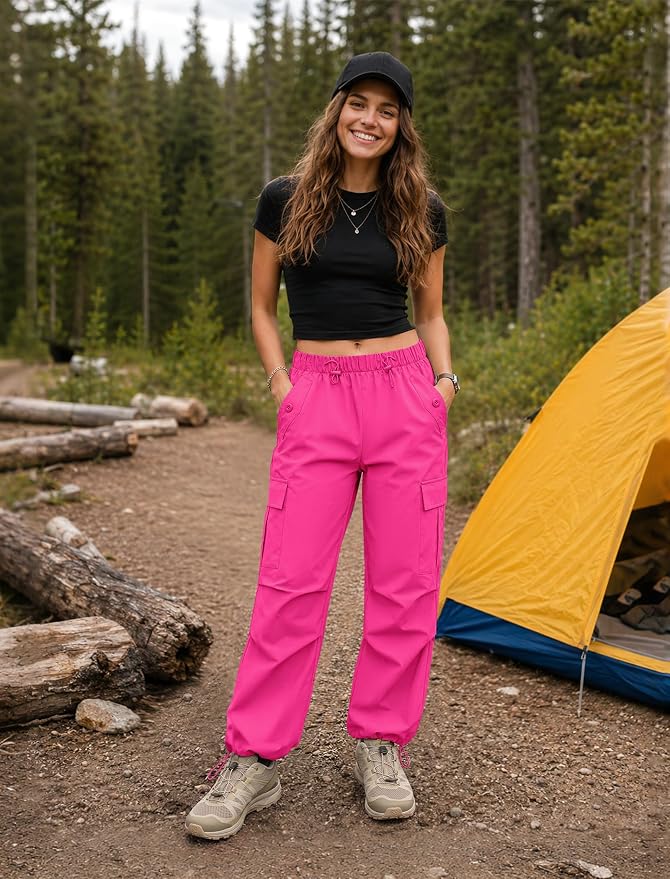 COPYLEAF Cargo Pants Women Elastic Waisted Parachute Hiking Pants with Pockets Water-Resistant Lightweight Baggy Pants