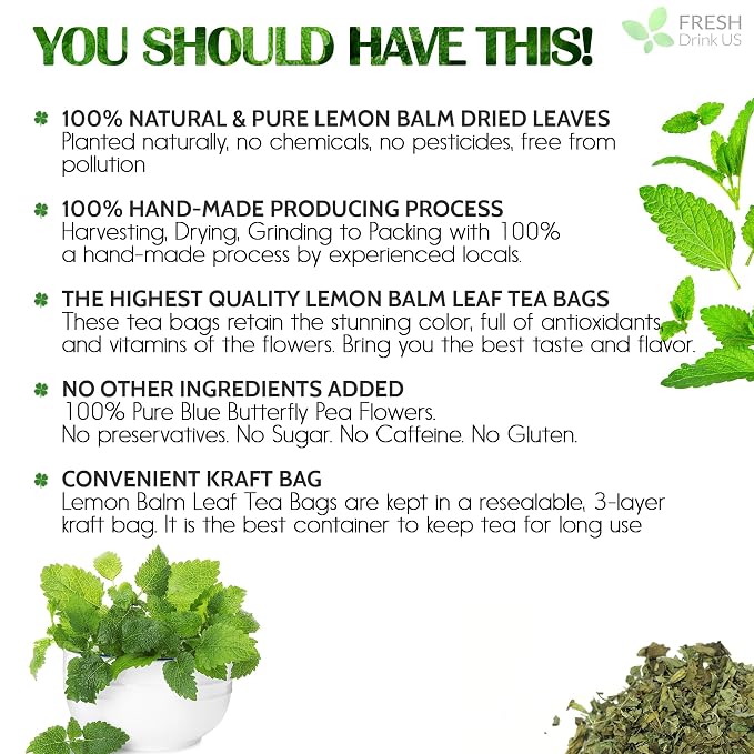 FreshDrinkUS, Lemon Balm Tea Bags | 75 Count |100% Pure Melissa officinalis – Naturally Calming Herbal Tea | Caffeine-Free, Premium Quality, Refreshing Flavor, Sustainably Sourced