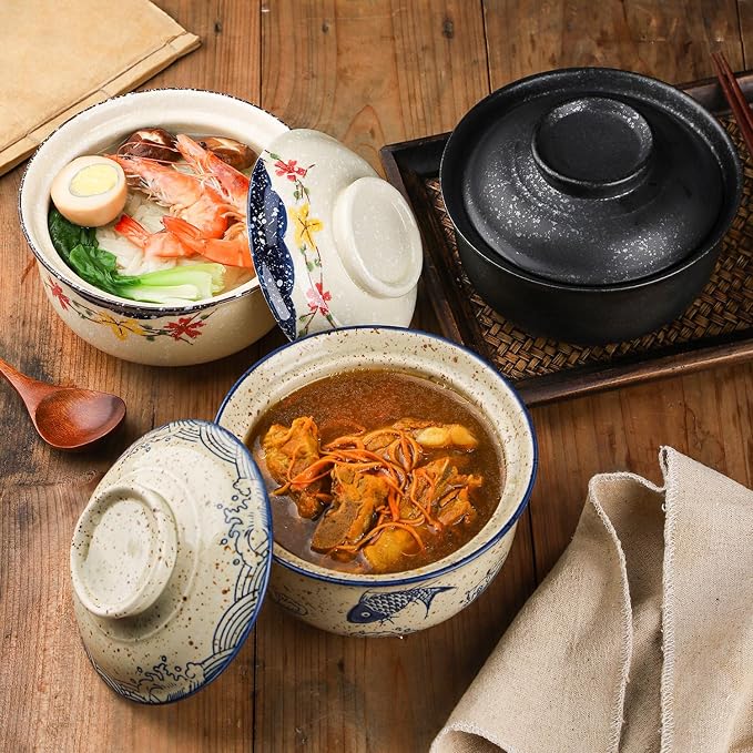 VanEnjoy Microwavable Ramen Bowl with Lid, 25 Oz Japanese Bowl Big Ceramic Japanese Soup Bowl with Lid, Korean Clay Pot - black