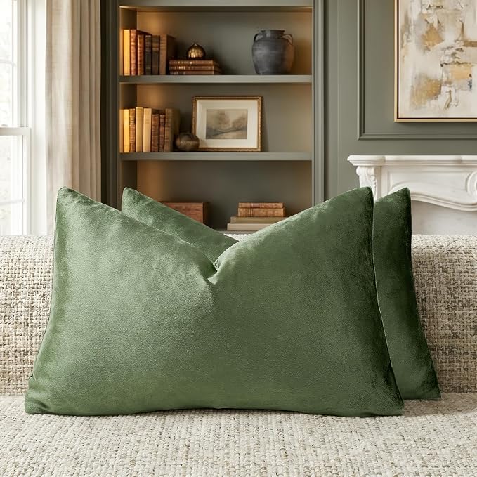GIGIZAZA Olive Green Velvet Throw Pillow Covers 12x20 Pack of 2 | Decorative Lumbar Pillows for Couch Sofa,280gsm Soft Textured Fabric,Modern Pillowcases,Luxury Cushion Covers
