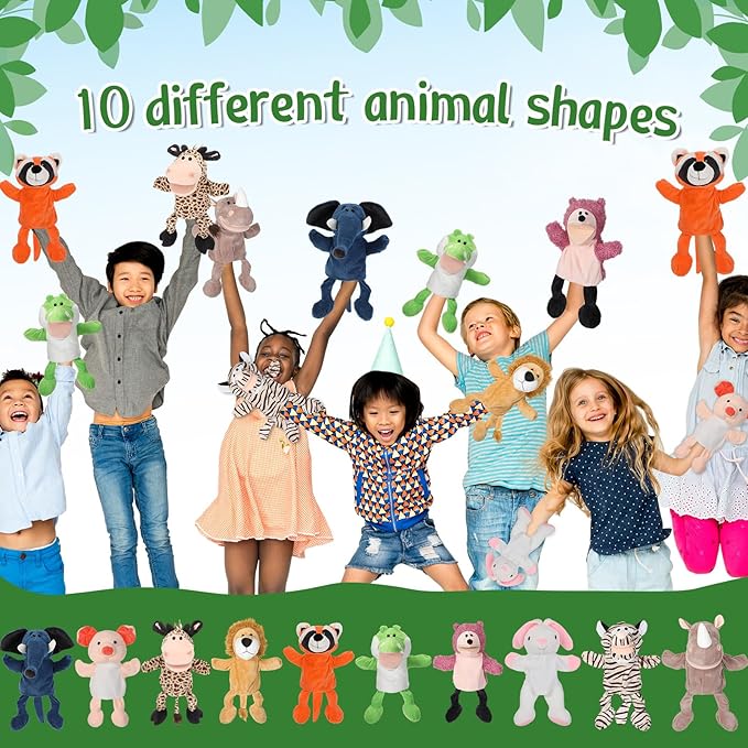 Wettarn 10 Pcs Animal Hand Puppets 12 Inch Soft Plush Plush Puppets Lion Orangutan Giraffe Tiger Pig Elephant Hand Puppets for Adults Storytelling, Teaching, Role Playing(Cute Style)