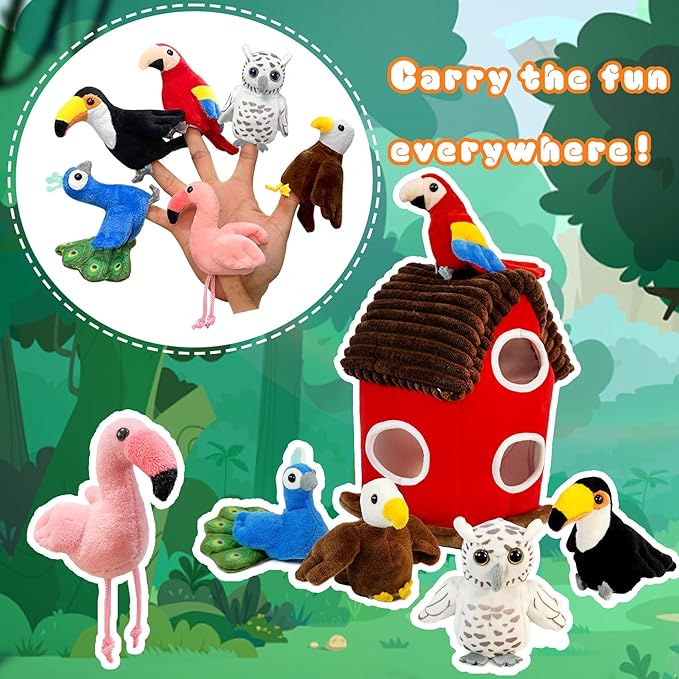 6pcs Birds Finger Puppets Bringing a House，Novelty Animals Toys Puppet for Kids, Storytelling Role-Playing Plush Finger Puppets Gifts for Boys and Girls