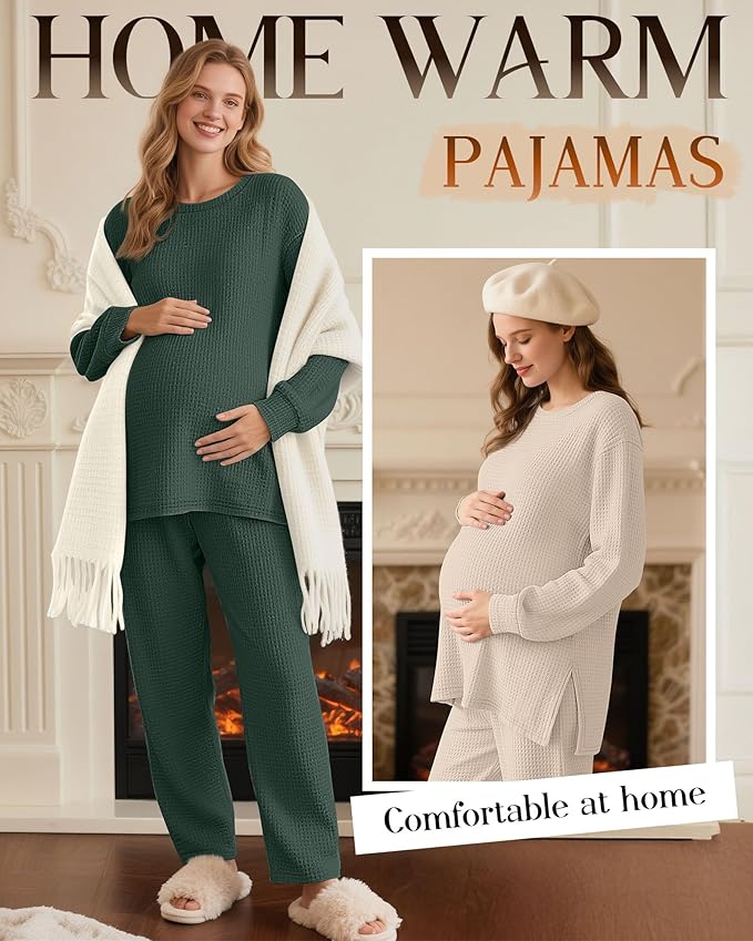 3 Pack Women's Maternity Shirts Long Sleeve Waffle Knit Side Split Oversized Tops Pregnancy Clothes Fall Tees
