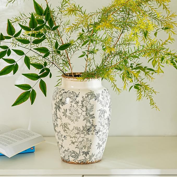 Sungmor Ceramic Flower Vase, Vintage Grey Ice Cracked Glaze Porcelain Vase | Pretty Home Decor Vase for Flower Arrangement, Fresh Flowers, 10.2 Inch Tall Chinoiserie Pottery Vase, Green Floral Pattern