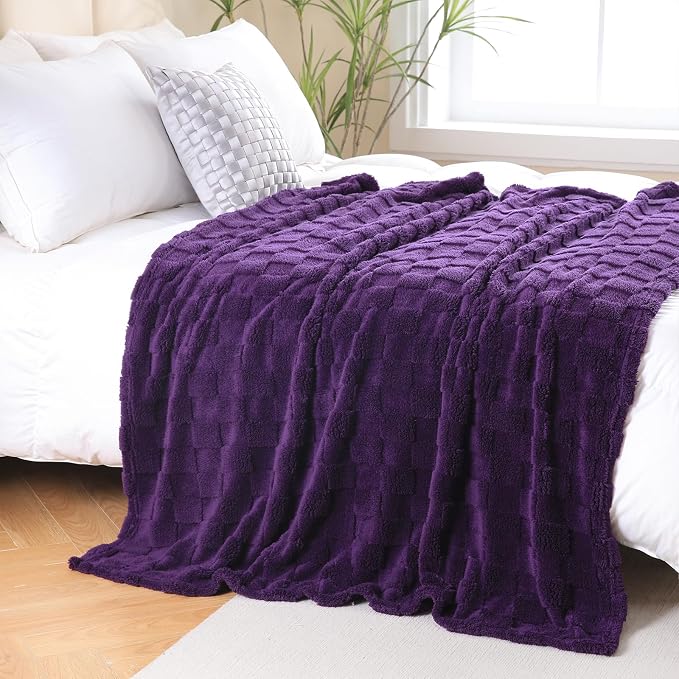 Deep Purple Fleece Throw Blanket 60”×80”Checkered Design for Couch | Super Soft Cozy Plush Microfiber 3D Square Pattern Flannel Blanket for Sofa Bed Lightweight for Adults,Women