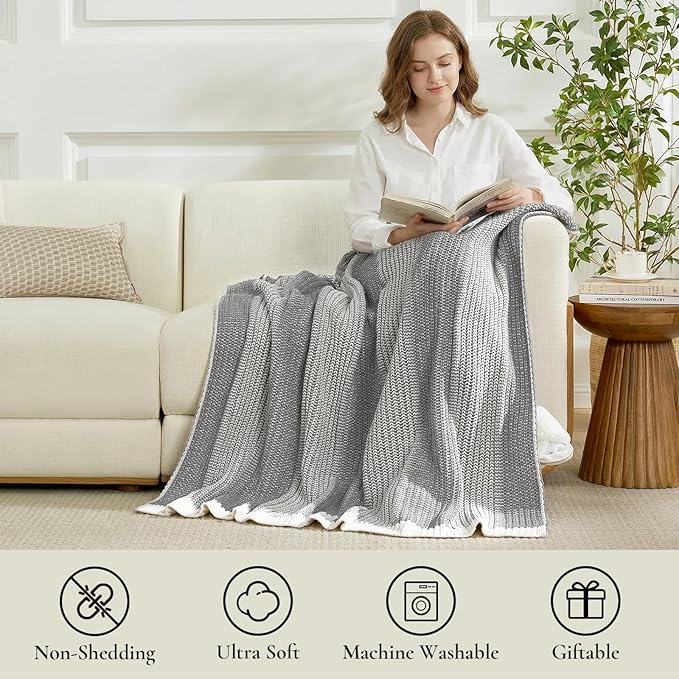 Amélie Home Premium Chenille Throw Blanket, Soft Cozy Luxury Two-Tone Knit Blanket for Couch, Sofa, Chair, Home Decor, Grey & Ivory 50"x60"