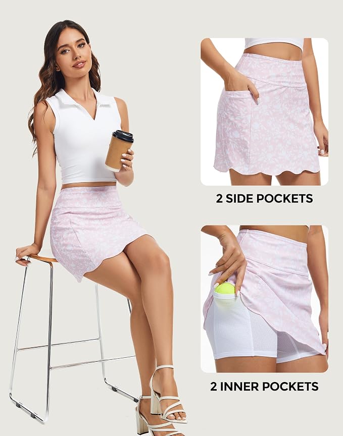 Skorts for Woman with Pockets 16" Golf Athletic Skirts Scalloped Hem Tennis Skirt Dressy Casual