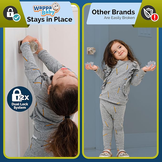 Child Safety Door Knob Cover (4 Pack) Hard-to-Remove Dual-Lock Door Handle Covers for Kids – Reusable Baby Proof Door Knob Locks – Installs Easily, No Tools Needed (Semi-Clear)