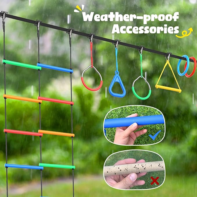 Hapfan 65 ft Ninja Warrior Obstacle Course for Kids with Swing, Ninja Rope Course with 11 Obstacles for Backyard Outside, Tree Slackline Jungle Gym Outdoor