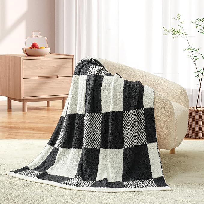 Snuggle Sac Checkered Blanket, Black White Throw Blanket for Couch Plaid Microfiber Fluffy Warm Fuzzy Cozy Soft Throw Blanket Reversible Checkered Blankets for Sofa, Chair, Bed, Twin(60"x80")