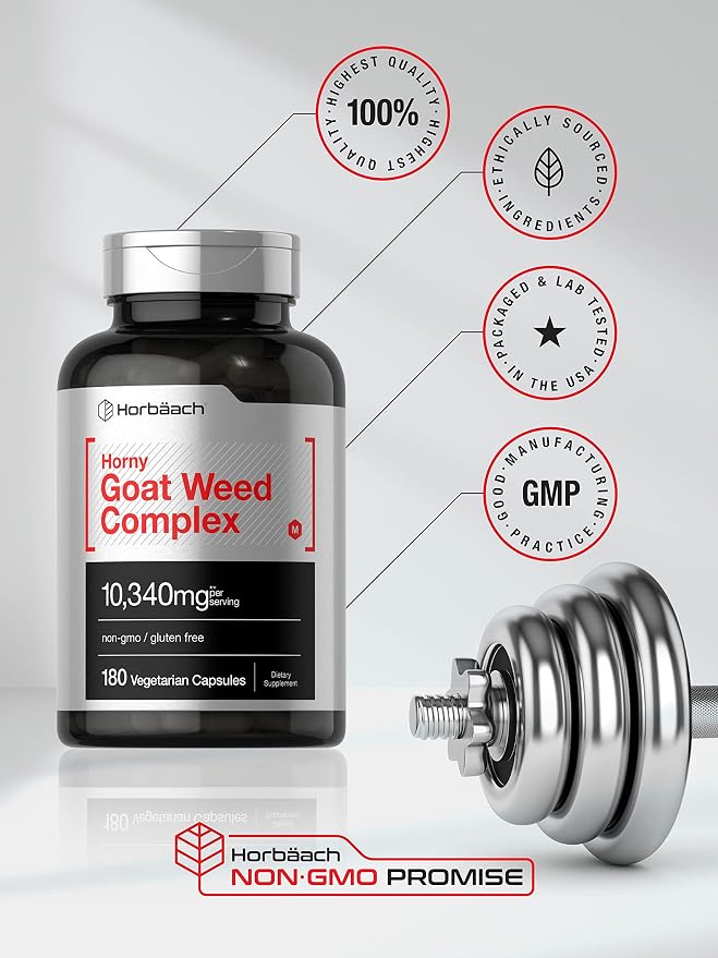 Horbäach Horny Goat Weed Complex | 180 Capsules | Vegetarian, Non-GMO, and Gluten Free Formula with Tribulus, Maca, Yohimbe, and L-Arginine
