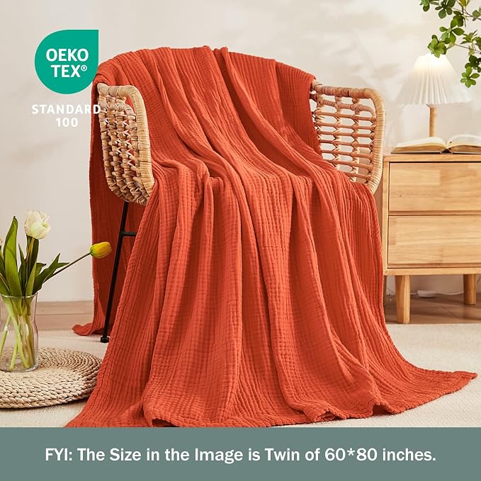 EMME Cotton Muslin Queen Blanket Bed Layering Bedspread Coverlet Breathable Gauze Soft Lightweight Adults (Heather Orange Rust, 90"x90")