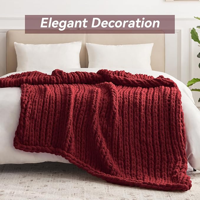 Negwoo Chunky Knit Throw Blanket, Knitted Throw Chenille Yarn, 30"*40" | Soft Thick Cable Knitted Blankets, Handmade Big Thick Blanket, Machine Washable Cute Comfy Blanket for Home Decor, Red