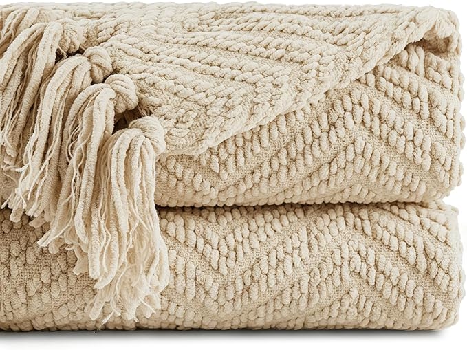 BATTILO HOME Beige Throw Blanket for Couch, Knitted Beige Throw for Bed, Neutral Throw Blankets Tan Throw Blanket for Room Decor Housewarming Gifts, 50" x 60" | Knitted Beige Blanket for Bed, Neutral Throw Blanket Warm Decorative Tan Throw Blankets for...