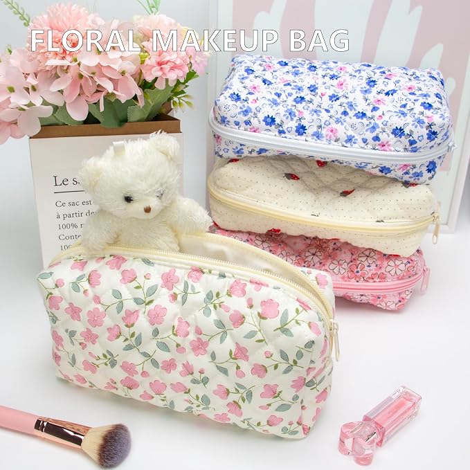 PAZIMIIK Small Quilted Makeup Bag,Zipper Cosmetic Pouch,Floral Pink,6 Pack | Lightweight Cosmetic Bag Organizer for Women,Purse Storage Holds Makeup,Toiletries,Skincare,Beauty Essentials,Travel Items