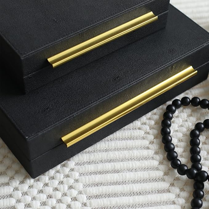 Faux Shagreen Decorative Stackable Jewelry Storage Boxes Set of 3,Black | Jewelry Organizers with Gold Metal Handles & Velvet Lining, Modern Black Box for Vanity, Entryway & Coffee Table Décor