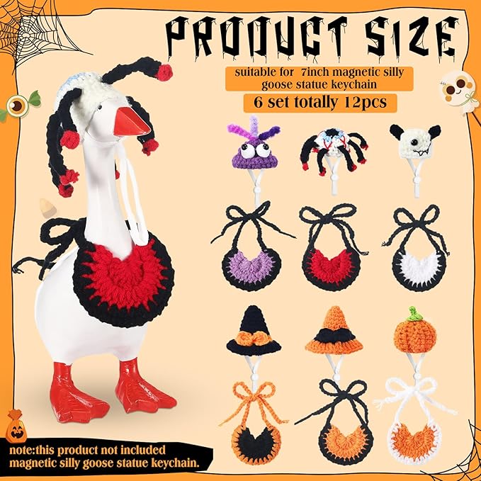 Geyoga 6 Pcs Mini Desk Goose Outfits 7 Inch Mini Knitting Hat and Bandana Knitting Desk Goose Headwear Bibs Accessory for Magnetic Statue Table Decor Gifts (Spooky Style)
