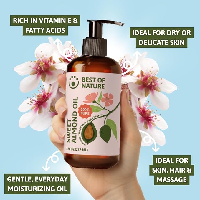 Best of Nature 100% Pure Sweet Almond Oil – Moisturizing Massage & Body Oil, Unscented for Hair, Skin, Face, Soap Making, Aromatherapy, Ideal Carrier for Essential Oils, Half Gallon (64 fl oz)