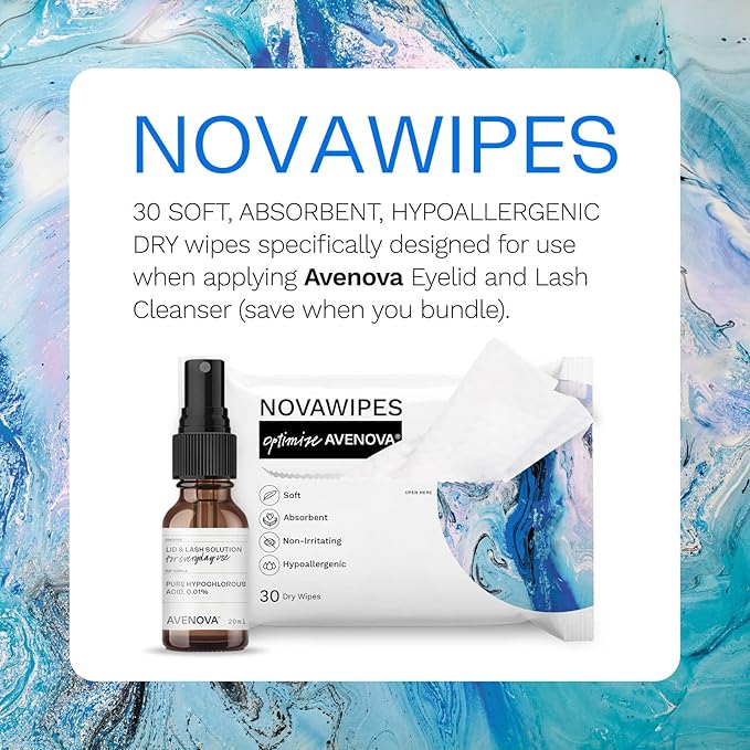 Avenova NovaWipes, Dry Eyelid Wipes, 30 Count | Non-Irritating, Durable & Absorbent Multi-Layer Dry Wipes for Use with Avenova Eyelid Spray