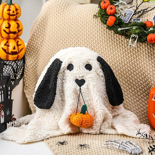 11.8 Inch Halloween Dog Ghost Shaped Throw Pillow with Pumpkin Toy Ghost Plush Pillow Cute Spooky Stuffed Animal Soft Halloween Party Decoration for Couch Sofa Home Decor