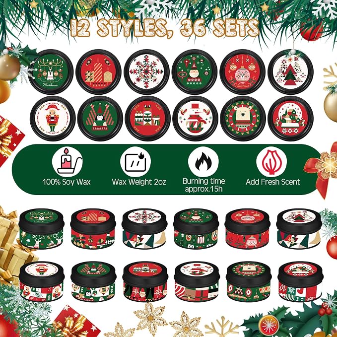 MTLEE 36 Sets Christmas Candles Bulk Holiday Small Scented Candles Party Favors with Organza Bag and Cards Bulk Candle Gifts for Home Supplies Holiday Travel(Abstract)