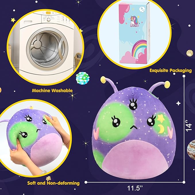 asfan 14'' Alien Plush Pillow Soft Cute Extraterrestrial Stuffed Animal Home Room Decoration Birthday Christmas Festival Gifts for Kids Toddlers, Purple