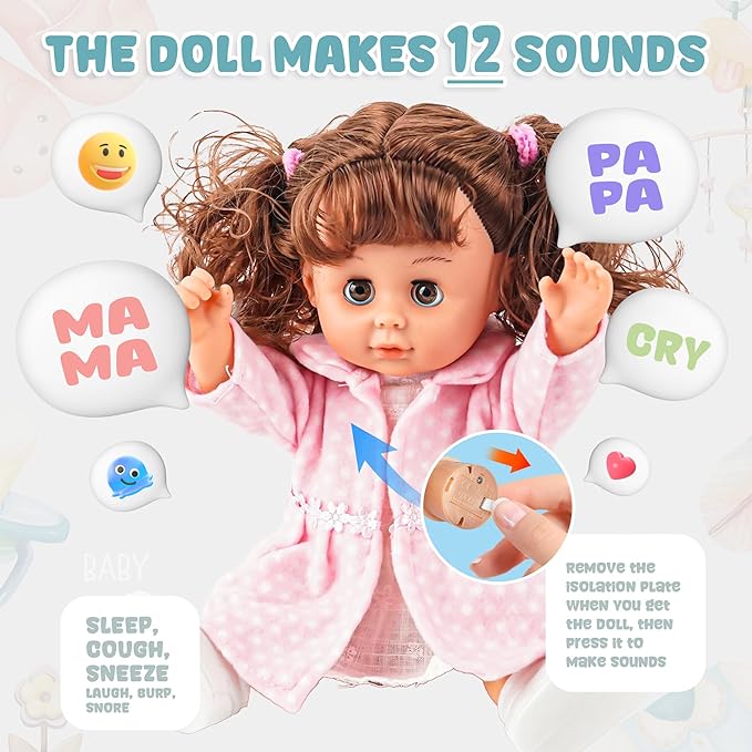 SMILESSKIDDO Baby Doll, 12 inch Interactive Talking Baby Dolls with Hair, 12 Sounds and Accessories, Pretend Play Preschool Babies Toys Gift for Girls 2 3 4 5 6+ Years Old