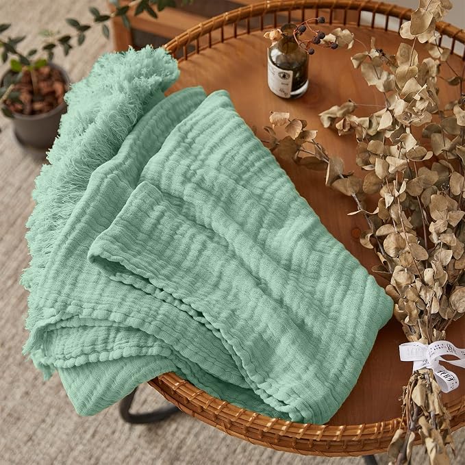 Simple&Opulence Cotton Muslin Throw Blanket for Bed, Couch, Knit Woven Gauze Blanket with Tassels, Soft Lightweight Cozy Pre-Washed Breathable Farmhouse Decoration for All-Season (Mint Green)