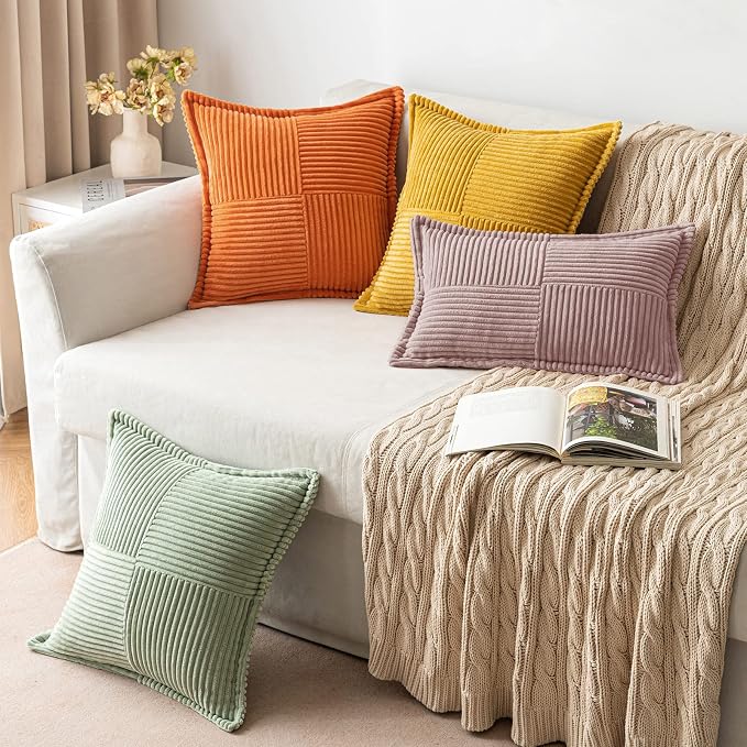MIULEE Decorative Throw Pillow Covers for Couch 18x18 Inch Blush Pink | 2 Pack, Boho Broadside Striped Patchwork Pillow Covers, Soft Corduroy Cushion Cases, For Sofa Bed Livingroom Home Decor