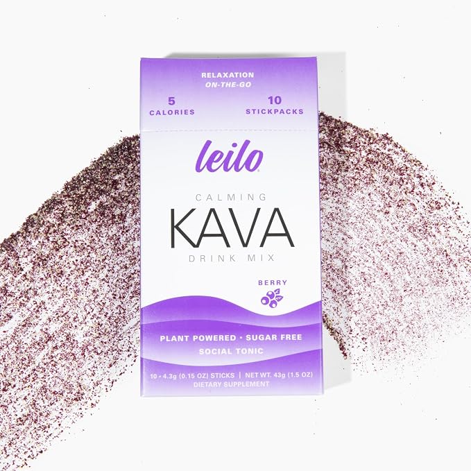 Leilo | Calming Kava Drink Mix | Berry, 10 Stick Packs (Plant-Based Relaxation Powder, Non-Alcoholic, Sugar-Free Herbal Supplement)