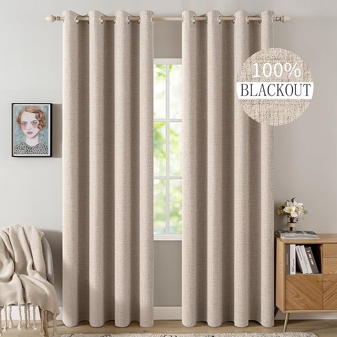 MIULEE 100% Blackout Linen Textured Curtains for Bedroom Solid Thermal Insulated Natural Beige Grommet Room Darkening Curtains & Drapes Luxury Decor for Living Room 52 x 95 Inch (2 Panels)
